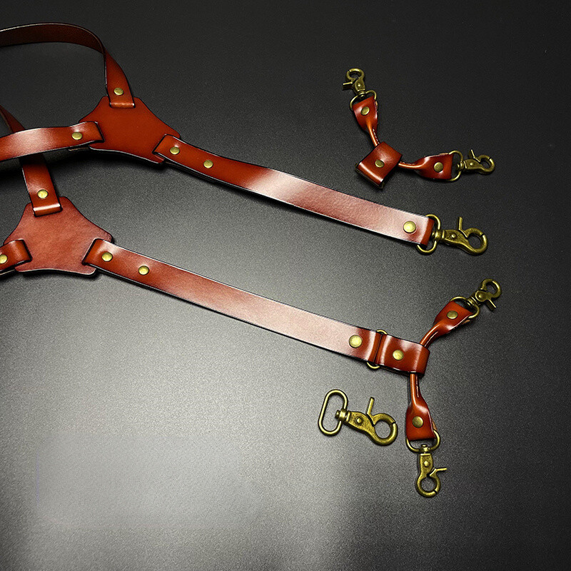 Vintage Brown Leather H Back Suspenders Belts 4 Brass Hooks For Men Male Work