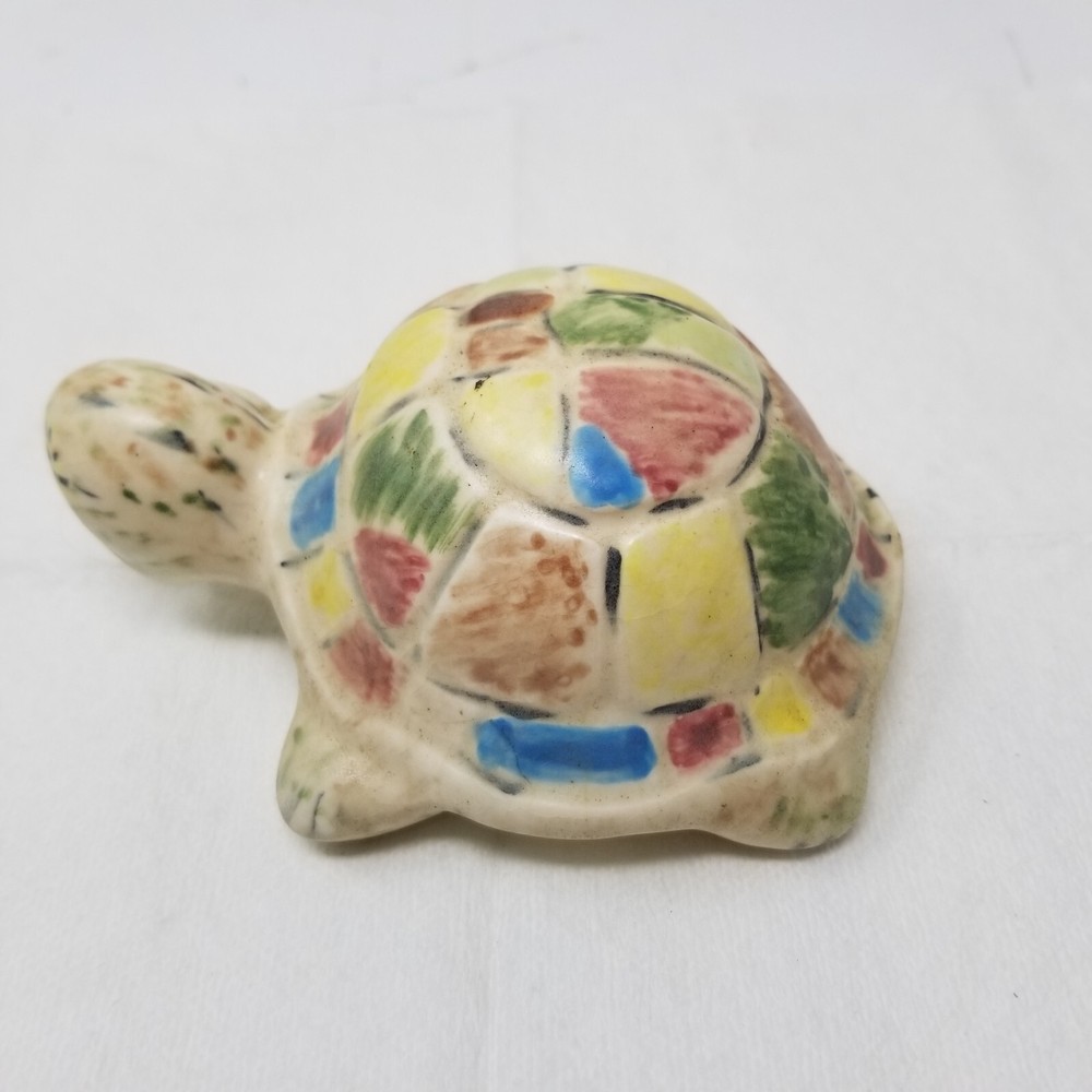 Turtle Figurine Patchwork Pastel Ceramic Tortoise Hand Painted 1970s Vtg