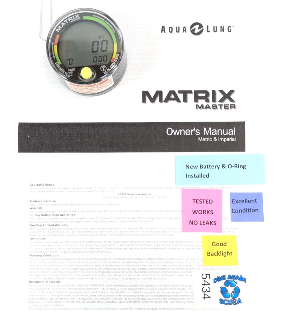 US Divers / Aqua Lung Matrix Master, Backlight, Scuba Dive Diving Computer Puck