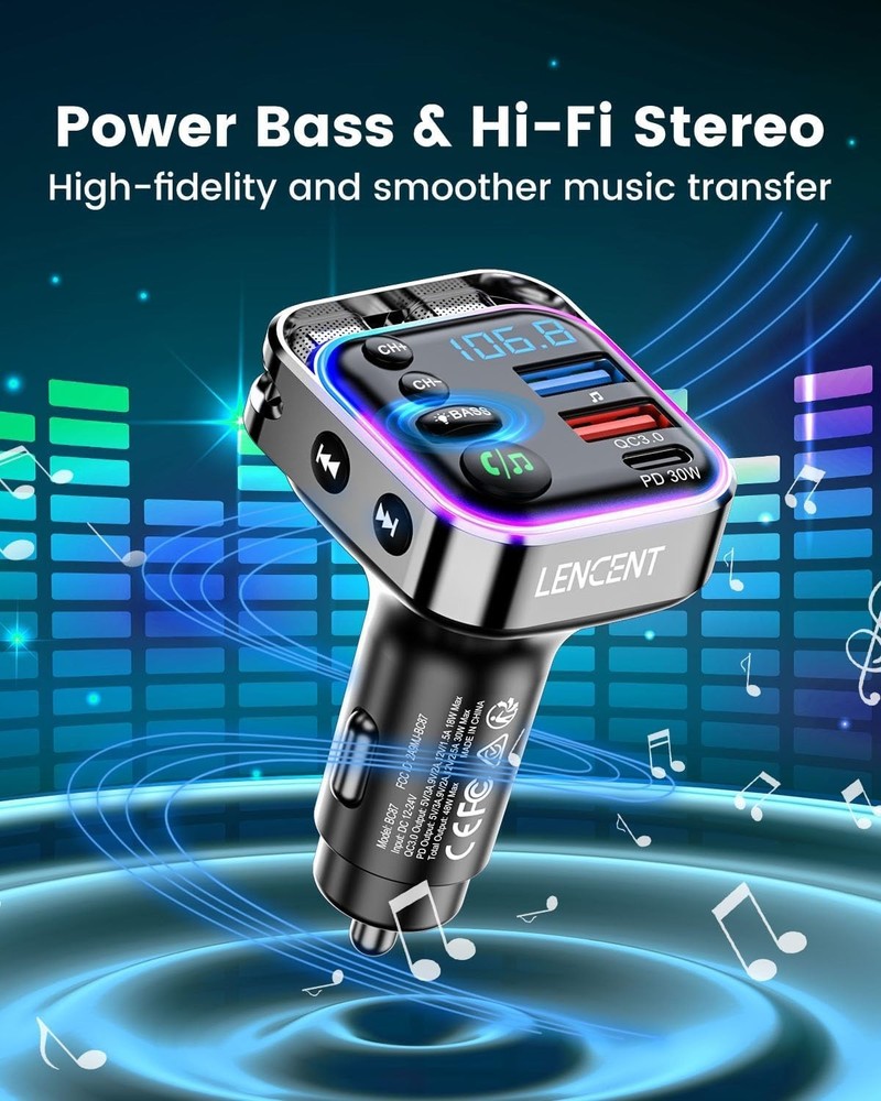 HiFi Bass Bluetooth FM Transmitter with Dual Mic & Colorful LED Lights for Cars