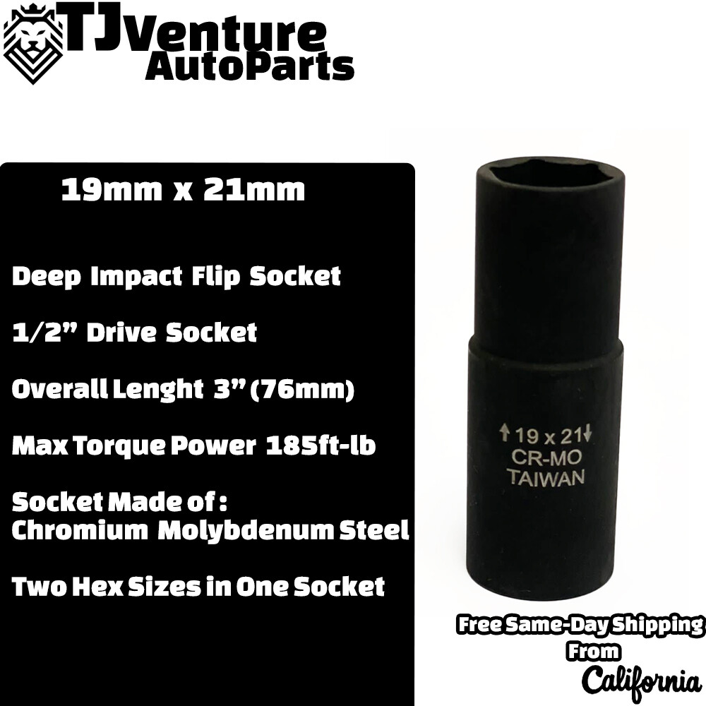 1/2 Drive Extra Thin-Wall Deep Impact Flip Socket Ready 19mm and 21mm Lug Nuts