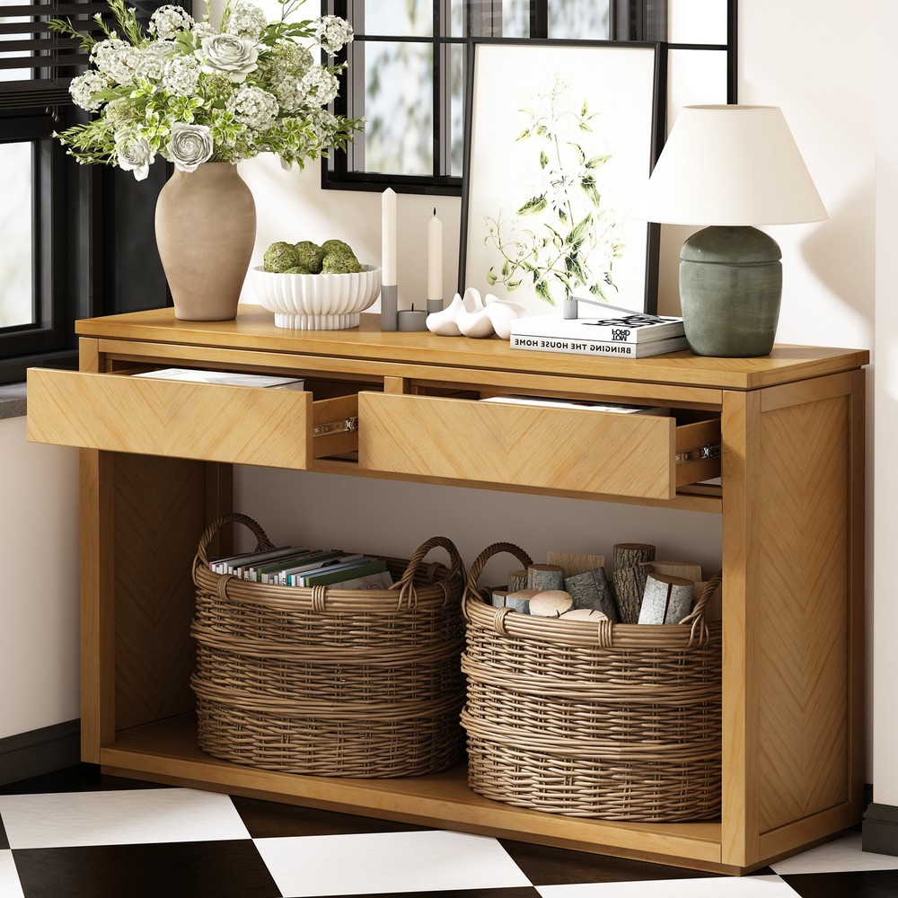 TREXM 55" Console Table, Rustic Wooden Entryway Table with Storage Drawers and