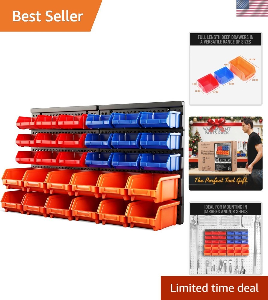 30PC Wall Mounted Storage Bins Organizer for Efficient Garage Tool Management