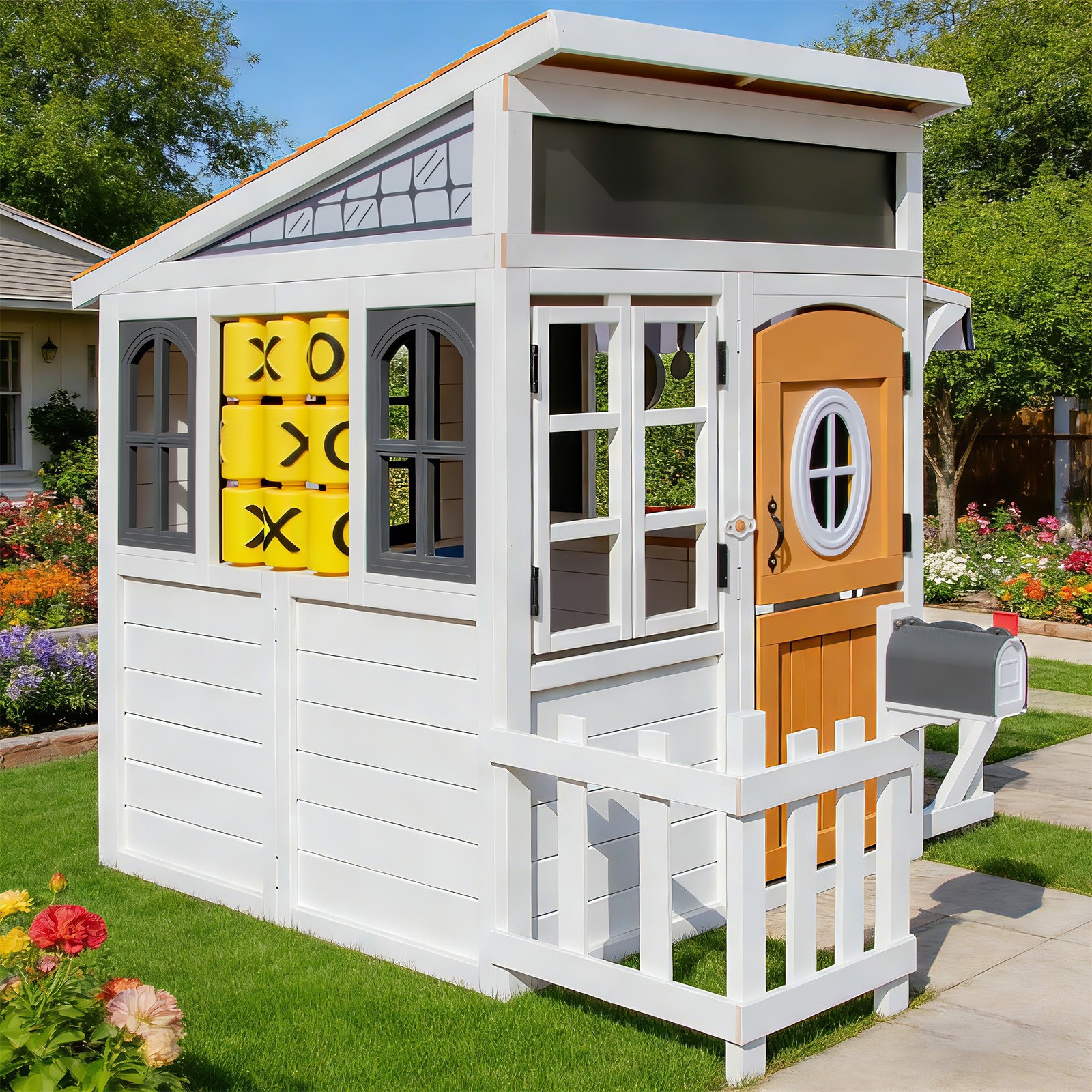 Wooden Kids Playhouse Cottage Play Kitchen,Bench,Mailbox,Tic-Tac-Toe,Chalkboards