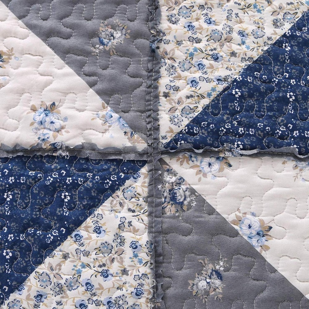 Full Queen Size Patchwork Quilt Set Grey Floral Reversible Size,