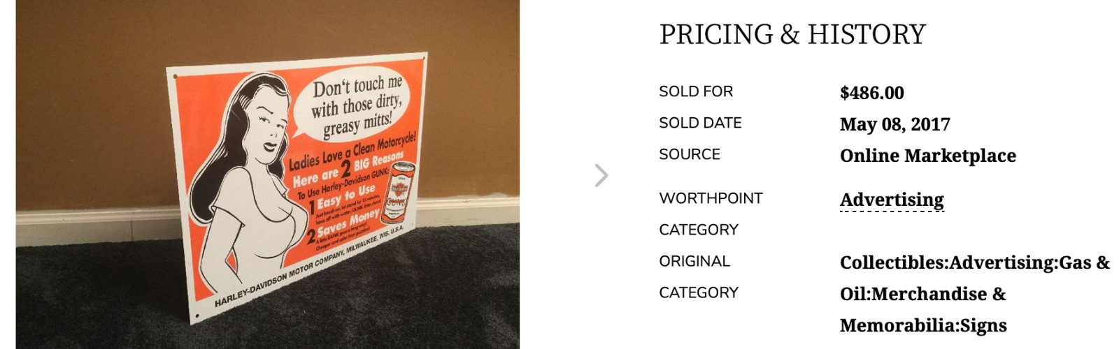 VINTAGE HARLEY DAVIDSON MOTORCYCLE GUNK WOMAN 12" MOTOR CYCLE GASOLINE OIL SIGN!