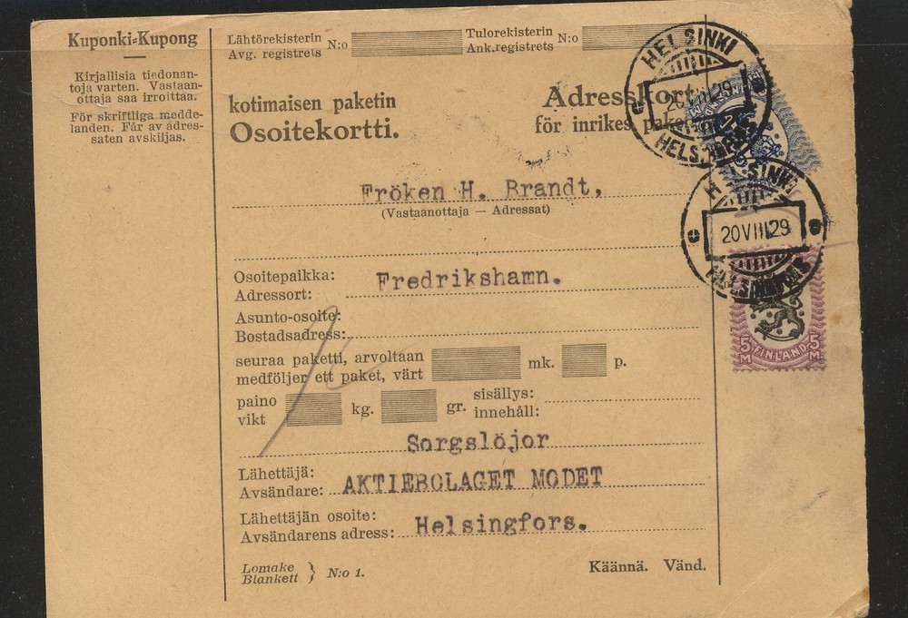 Finland   parcel   card   1929             KL0210