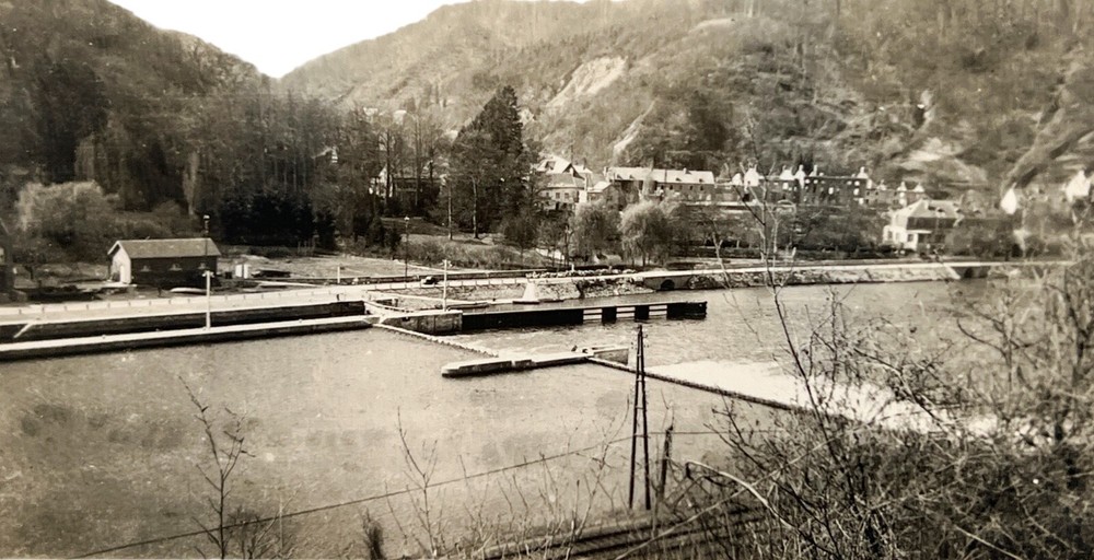 WW2 Era Photo Building Structure By River Levee