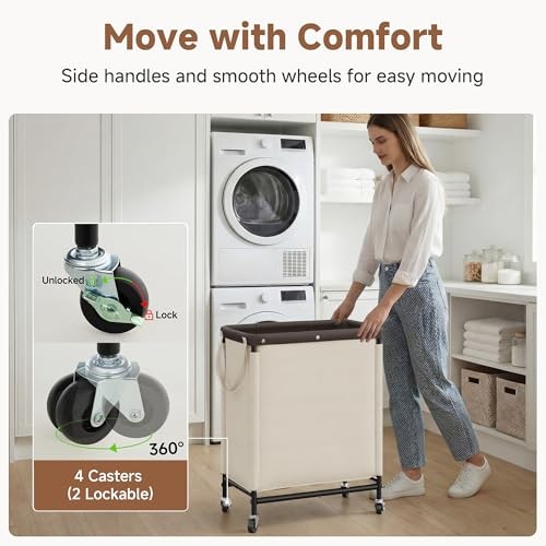 2 Section Laundry Hamper, Rolling Laundry Cart with 100L(2-Section) Beige