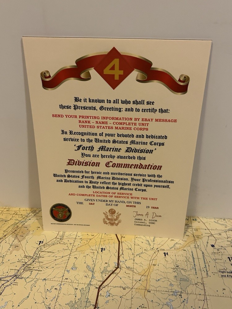 U.S.M.C. / FOURTH MARINE DIVISION ~DIVISION COMMENDATION REPLACEMENT CERTIFICATE