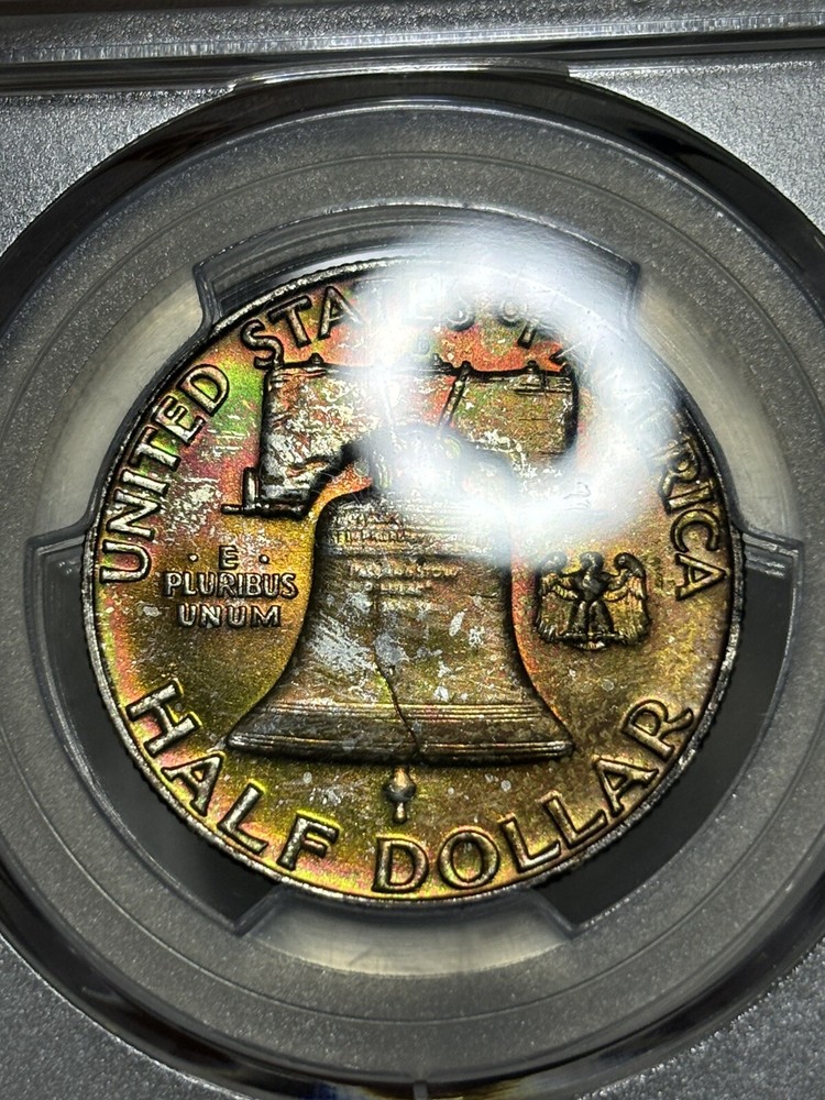 1958 D Franklin Half Dollar PCGS Goldshield MS65FBL Mint Set Rainbow Toned