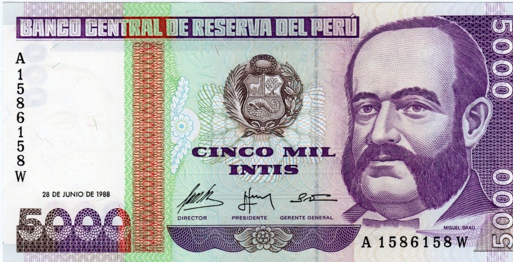Banknote Peru P137 5000 Intis 1988