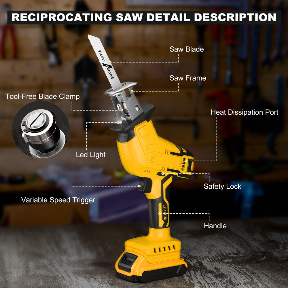 Brushed Cordless Reciprocating Saw for Dewalt 20V Max Variable Speed Tool Only