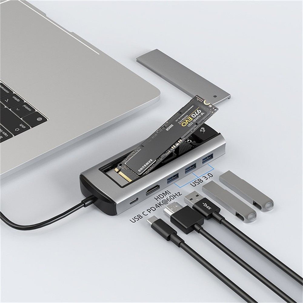 1Pcs 6 In 1 TYPE C TO HDMI USB3.0 SSD Enclosure USB HUB W/ Disk Storage Function
