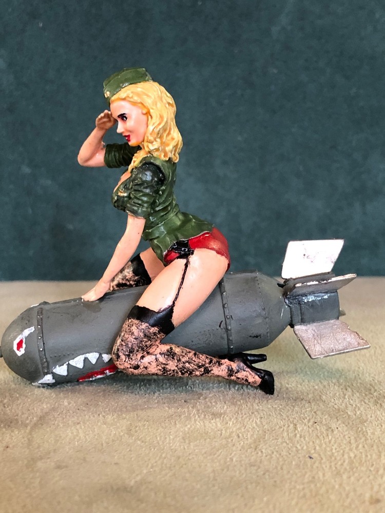 Painted WWII Pin Up On Bomb, Solid Fine Pewter