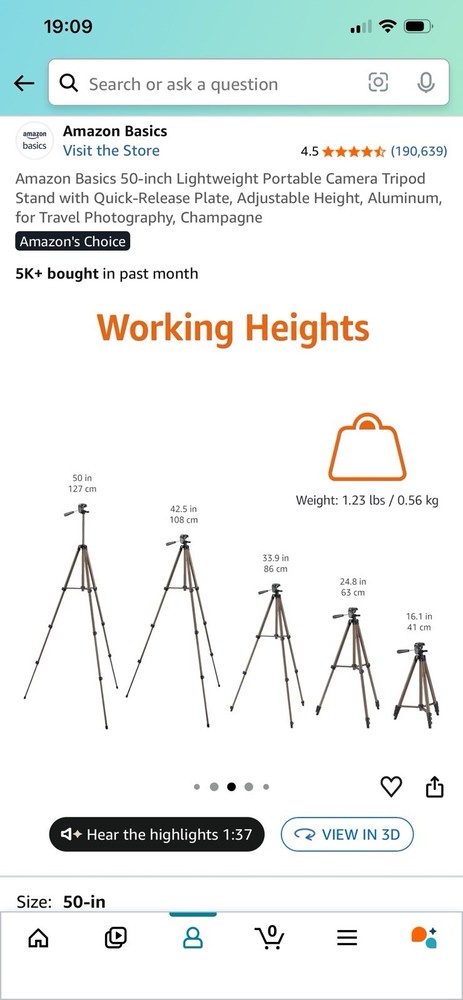 Amazon Basics 50-inch Aluminum Tripod, Adjustable Height, Universal Fit