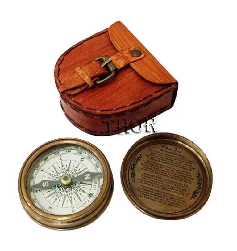 Authentic Designer Style Brass Pocket Compass with Leather Case Rustic Vintage