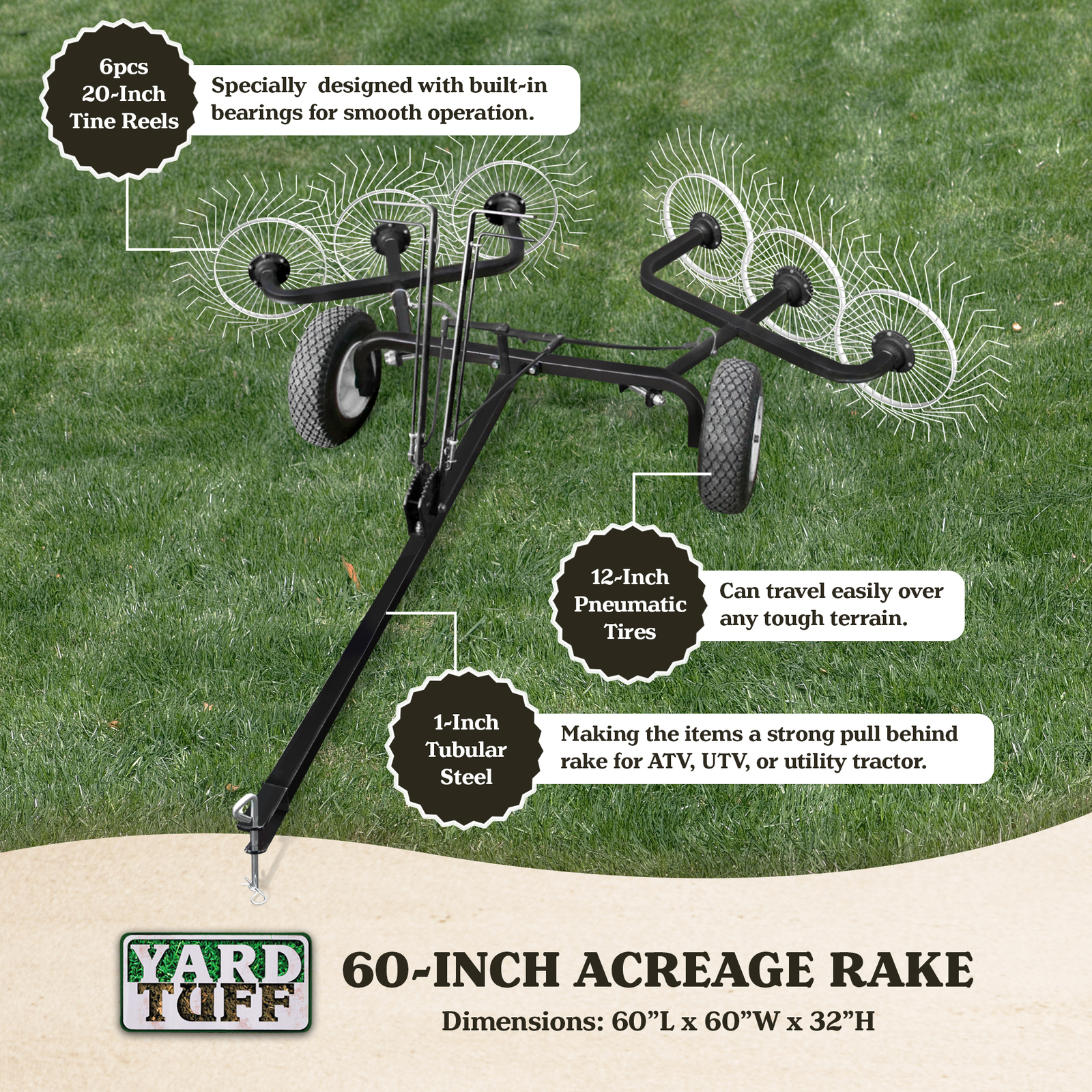 Yard Tuff ACR-500T 60 Inch Steel Tow Behind Acreage Rake with Pin Style Hitch