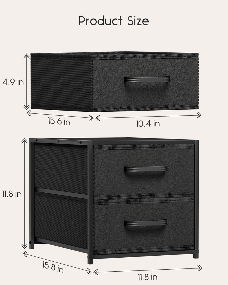Stackable Storage Drawers - 2 Pack Closet Organizer with Metal Handles, Black