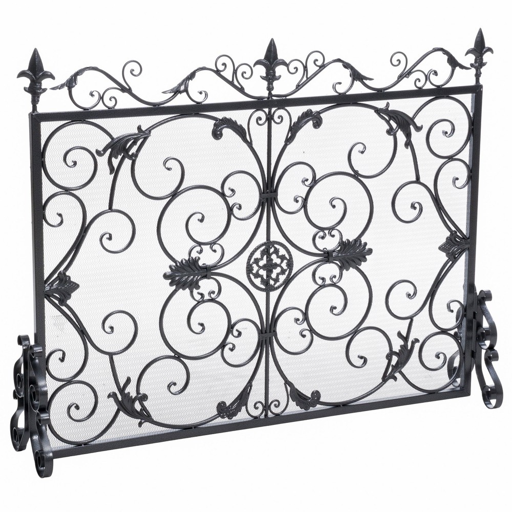 Black Silver Fireplace Screen Panel Stand Wrought Iron Mesh Victorian Scrollwork