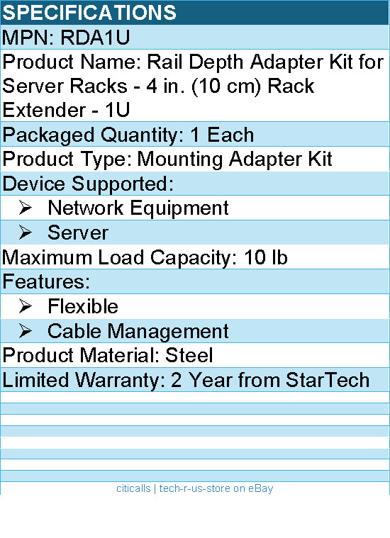 StarTech RDA1U Rail Depth Adapter Kit for Server Racks - 4 in. Rack Extender
