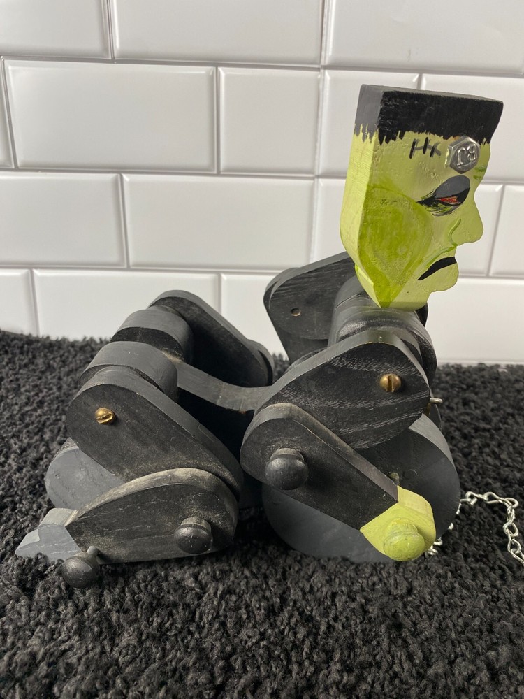 Frankenstein Wooden Pull Toy Halloween Decor Hand Painted OOAK Chain Bolt Pull