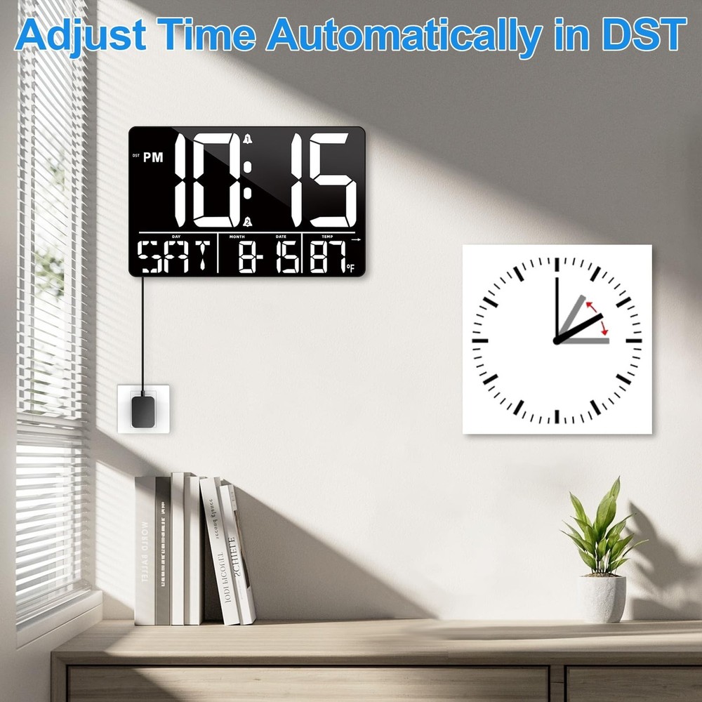 13" Digital Wall Clock Large Display with Remote, 25 Ringtones, Temperature, ...