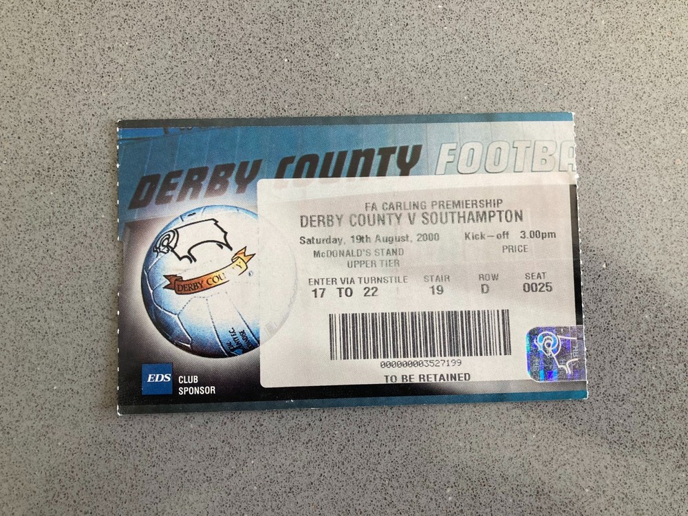 Derby County v Southampton 2000-01 Match Ticket
