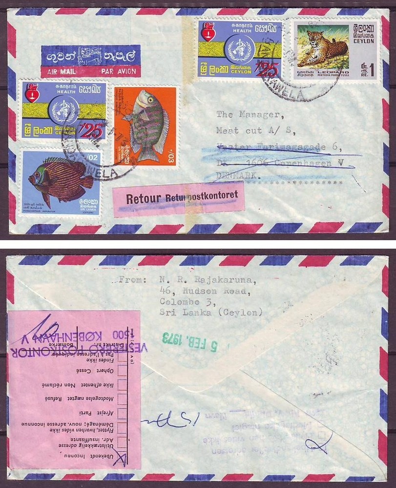 d4611/ Ceylon Return Airmail Cover f/Denmark 1973