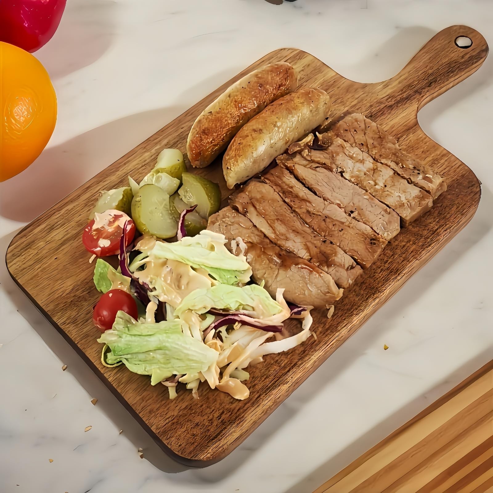 Acacia Wood Cutting Board with Handle - 14 x 7in, Wooden Chopping Board for M...