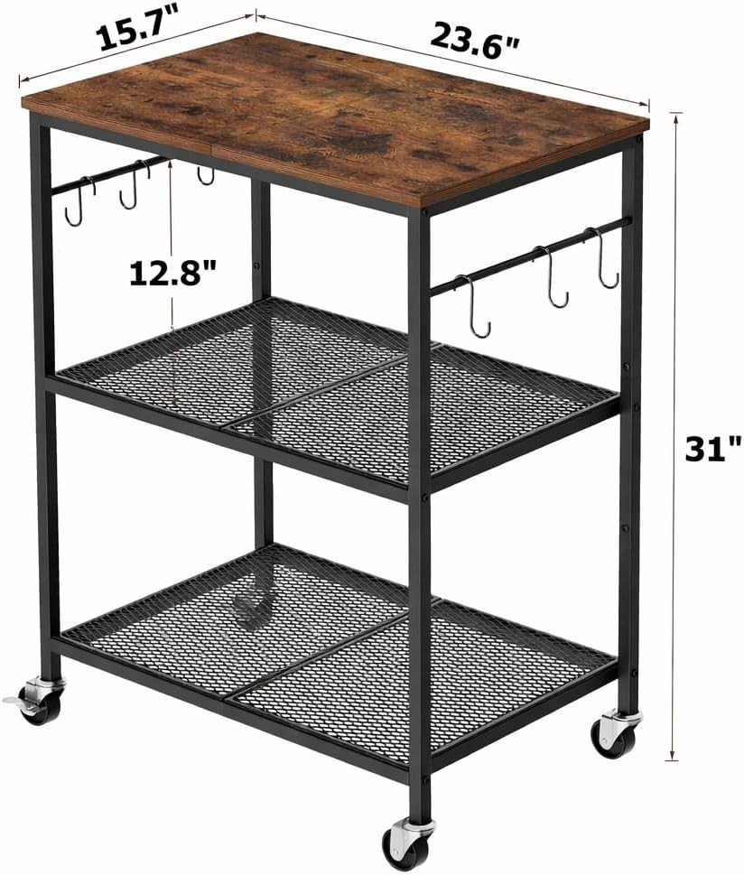 3-Tier Rolling Kitchen Microwave Cart Kitchen Utility Cart on Lockable Wheels