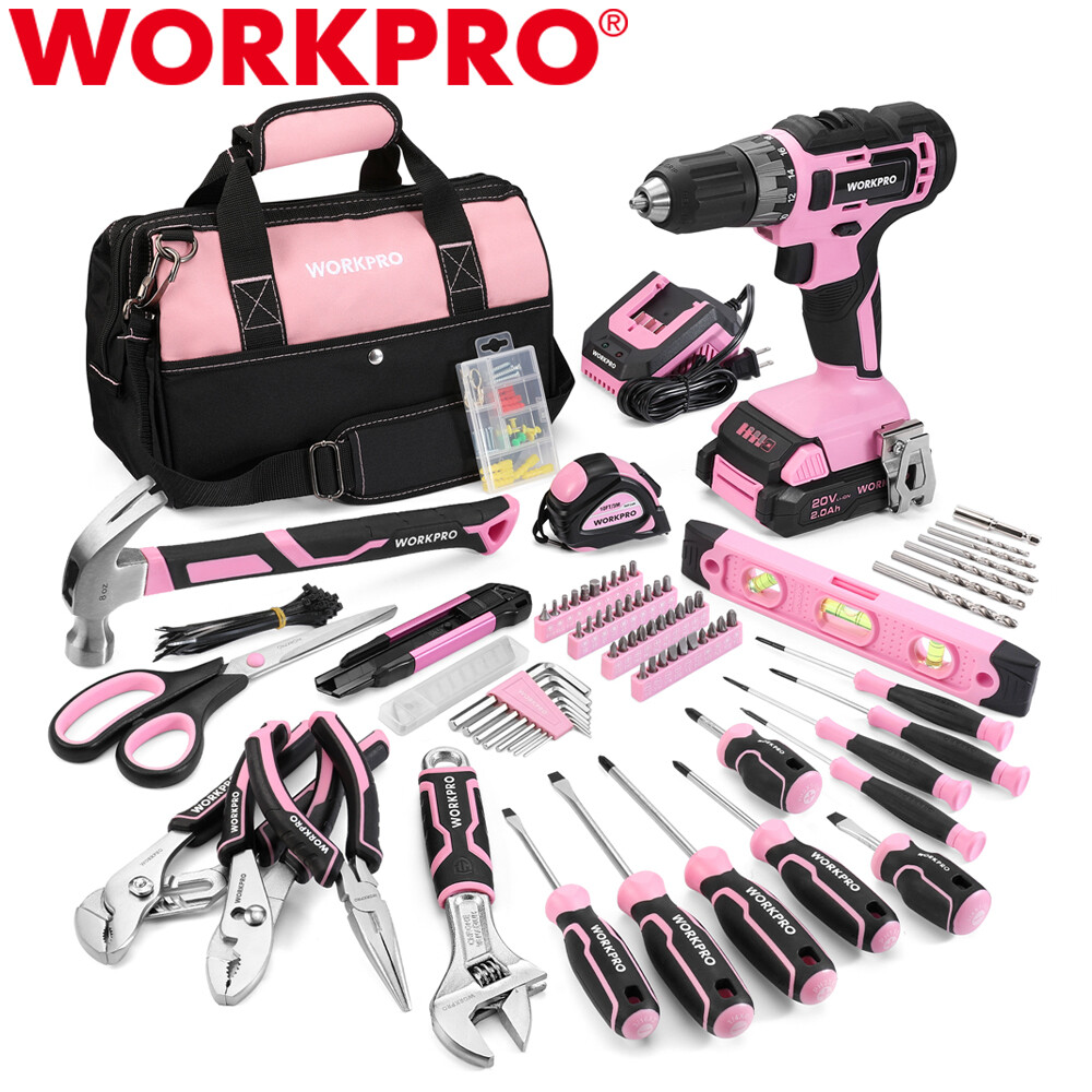 WORKPRO 157PC Home Tool Kit Drill Tool Set 20V Cordless Drill Gun Kit w/Tool Bag