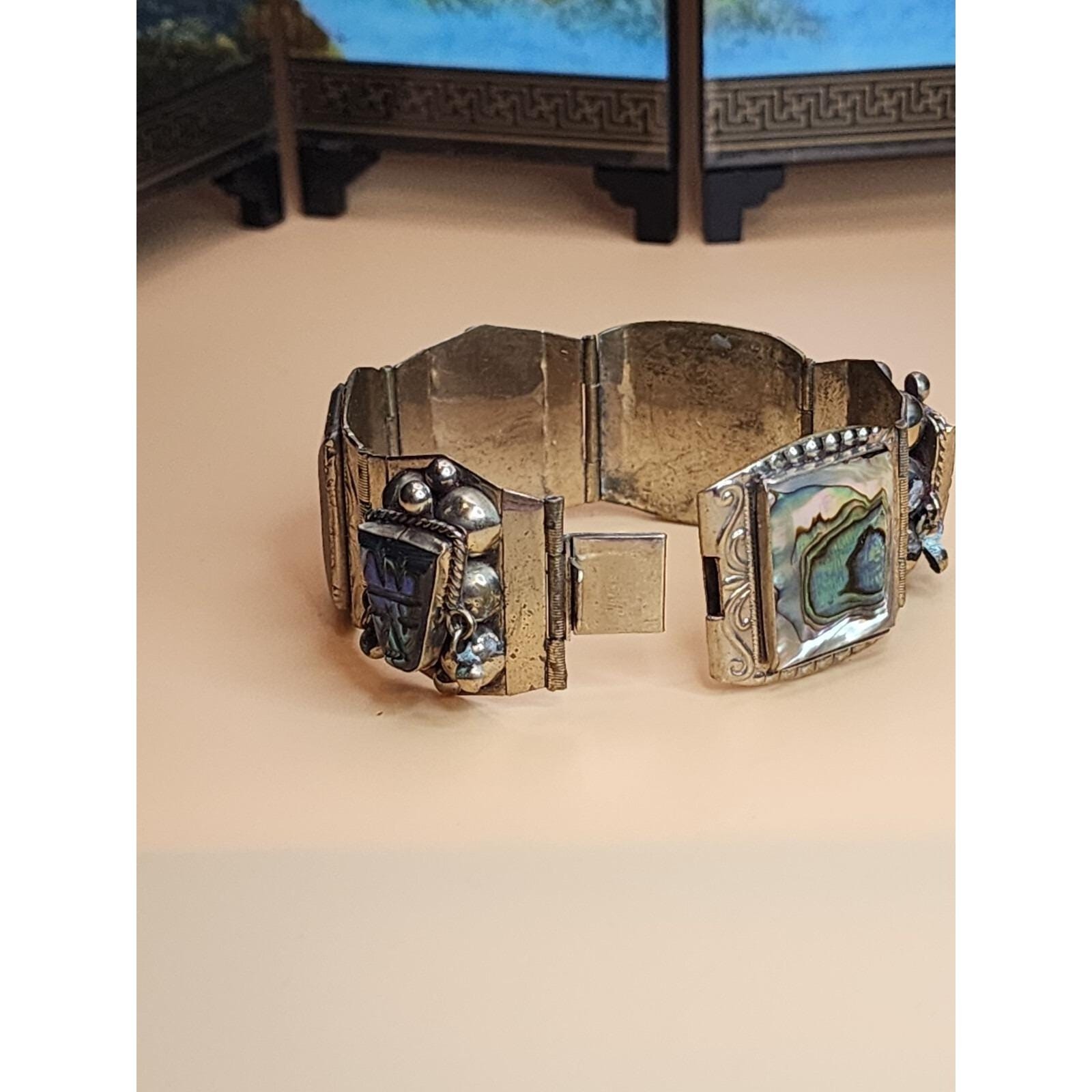70 Yr Old TAXCO MEXICO Sterling Silver Abolone Bracelet & Earrings Set 61.66 Gr.