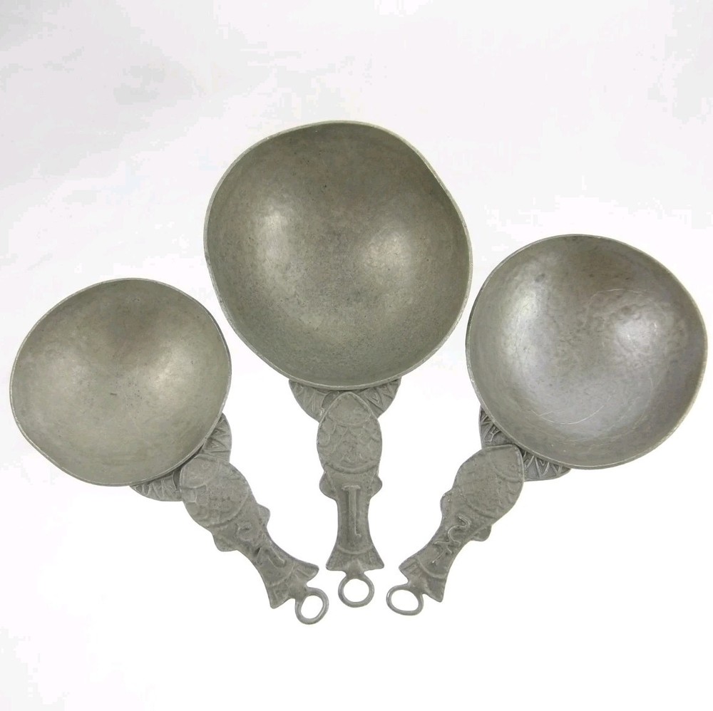 3pc Set Tin Woodsman Pewter Fish Handle Measuring Cups