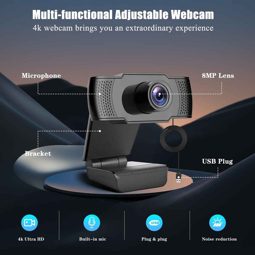 4K Webcam for PC Desktop Laptop USB Auto Focusing Web Camera with Microphone