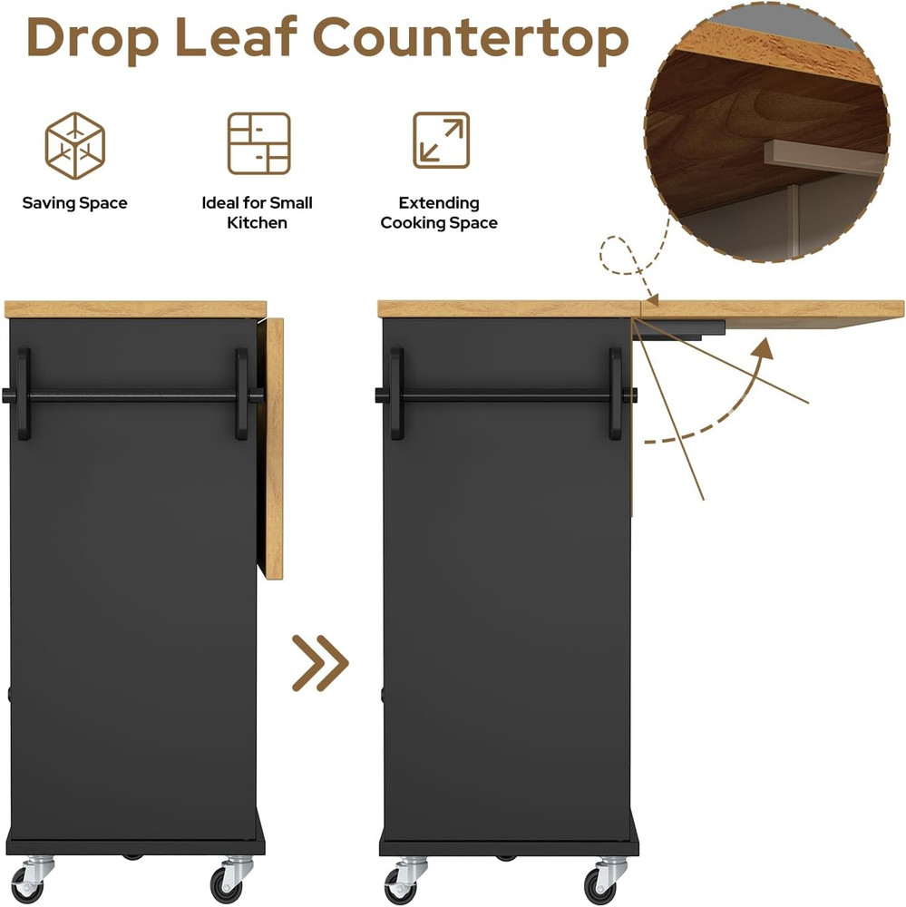 Portable Rolling Kitchen Island with Storage, Drop Leaf Countertop, Black