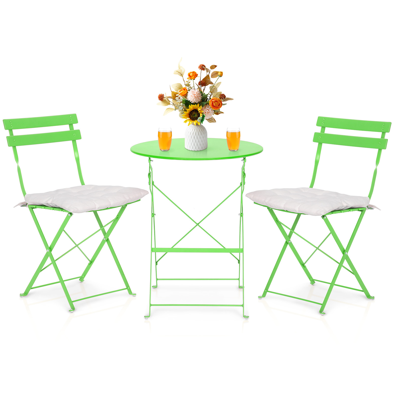 3 Piece Green Patio Table Chairs Set Foldable Garden Patio Furniture w/Cushion
