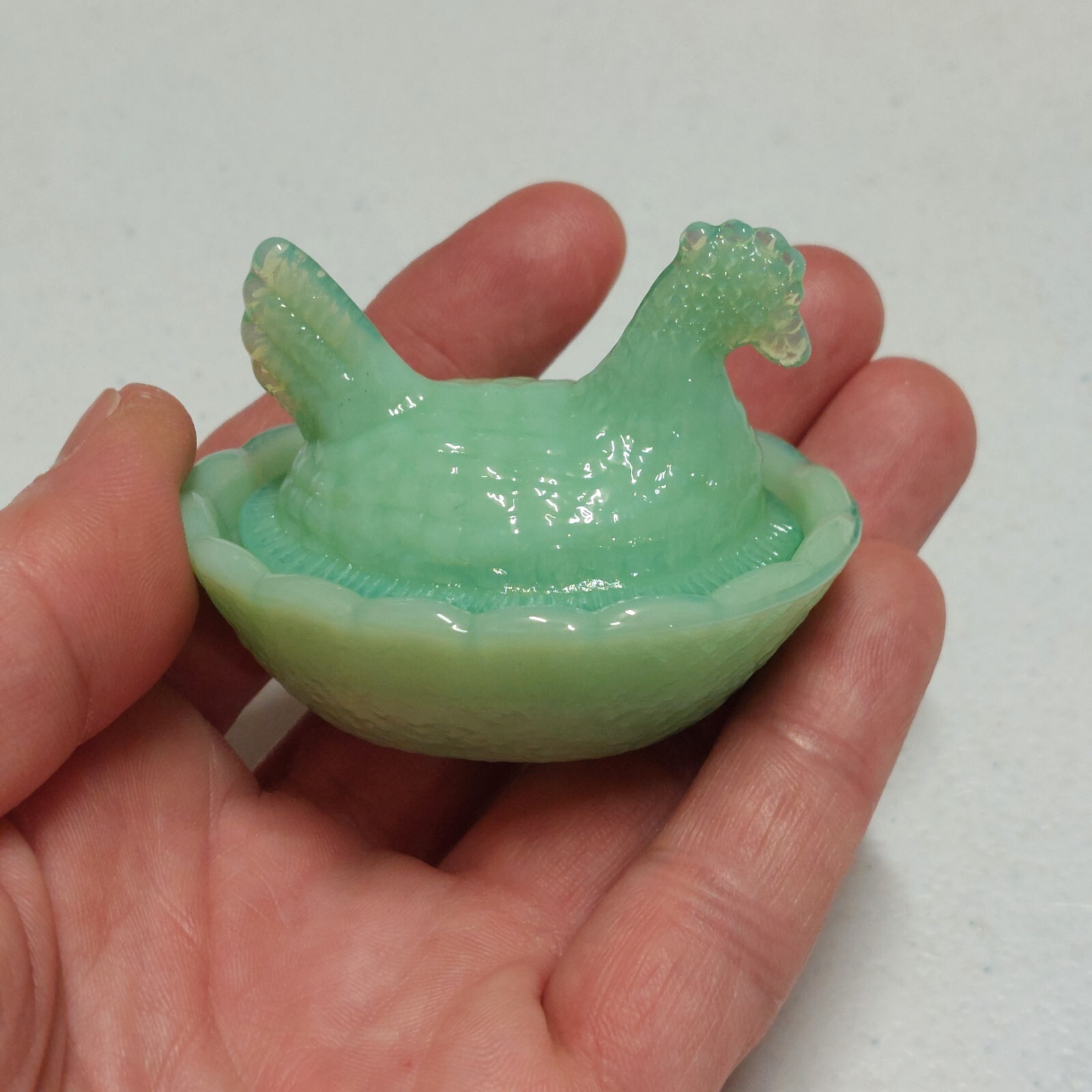 Jadeite Depression Style Glass Hen On Nest Chicken Salt Cellar Dish, VTG Style