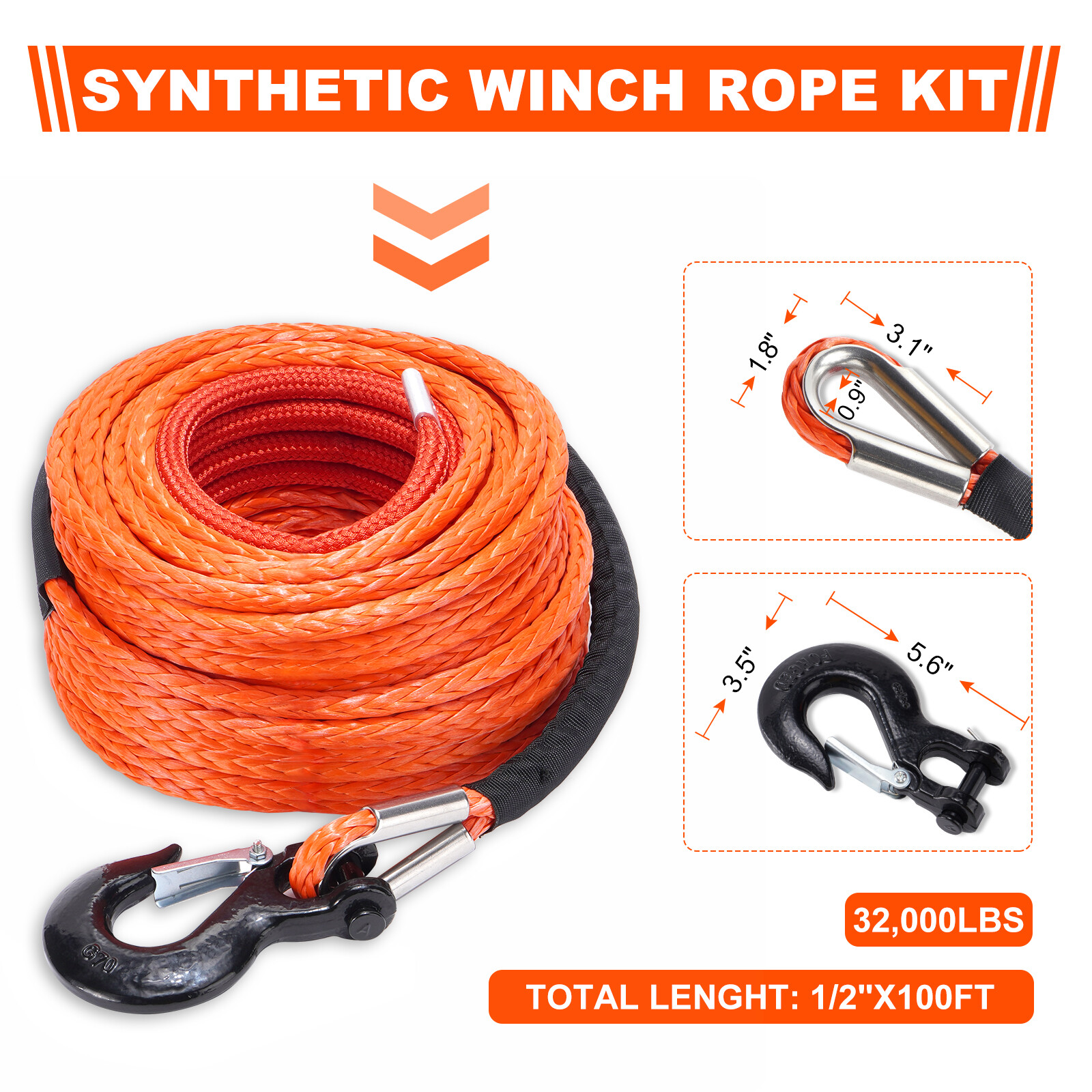 1/2"x100ft 32000lbs Synthetic Winch Rope Winch Line Cable Recovery 4WD ATV SUV