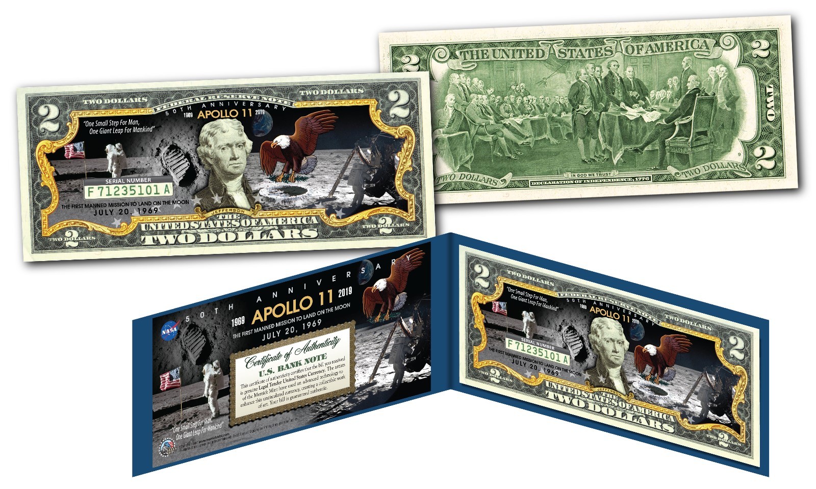 APOLLO 11 NASA Moon Landing 50th ANNIVERSARY Official Legal Tender $2 U.S. Bill