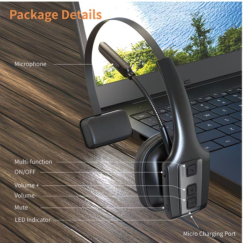 AI Trucker Headset Wireless Bluetooth 5.2 Noise Cancelling Mic For Phones PC US