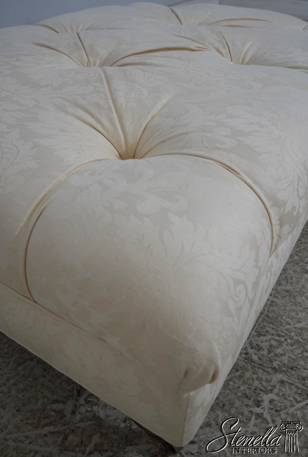 70448: ETHAN ALLEN Off White Tufted Damask Ottoman