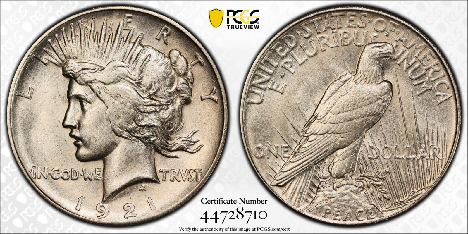 1921 P Peace Dollar PCGS AU-58 High Relief White!