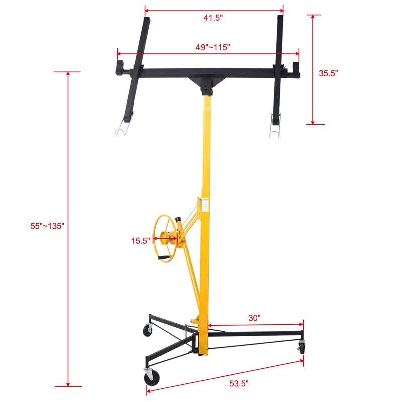 11FT Drywall Lift Plasterboard Panel Rolling Hoist Jack Lifter 150Lbs Lockable