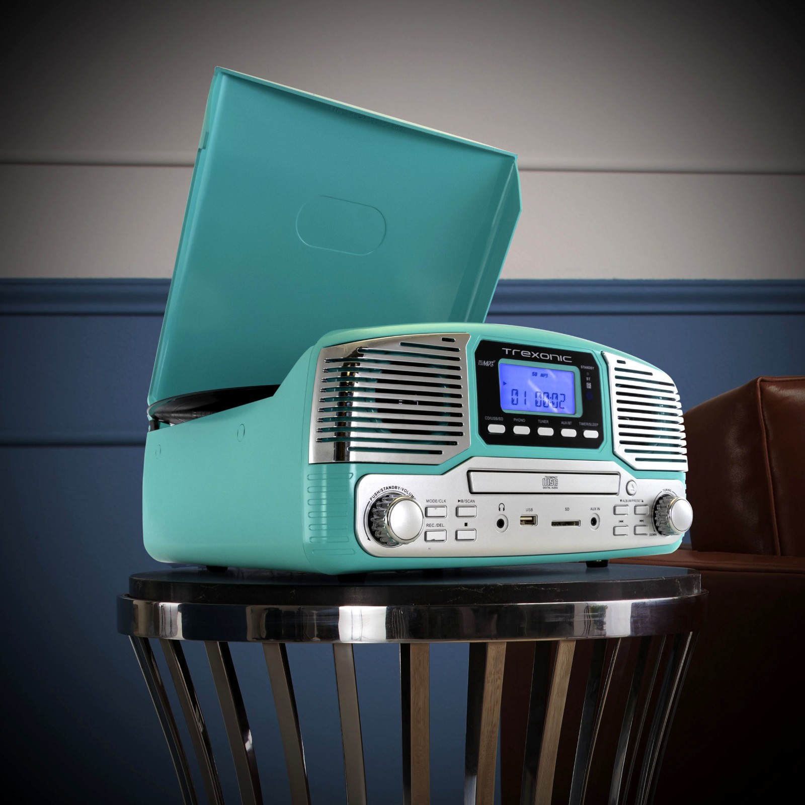 Trexonic Retro Wireless Bluetooth, Record and CD Player in Turquoise