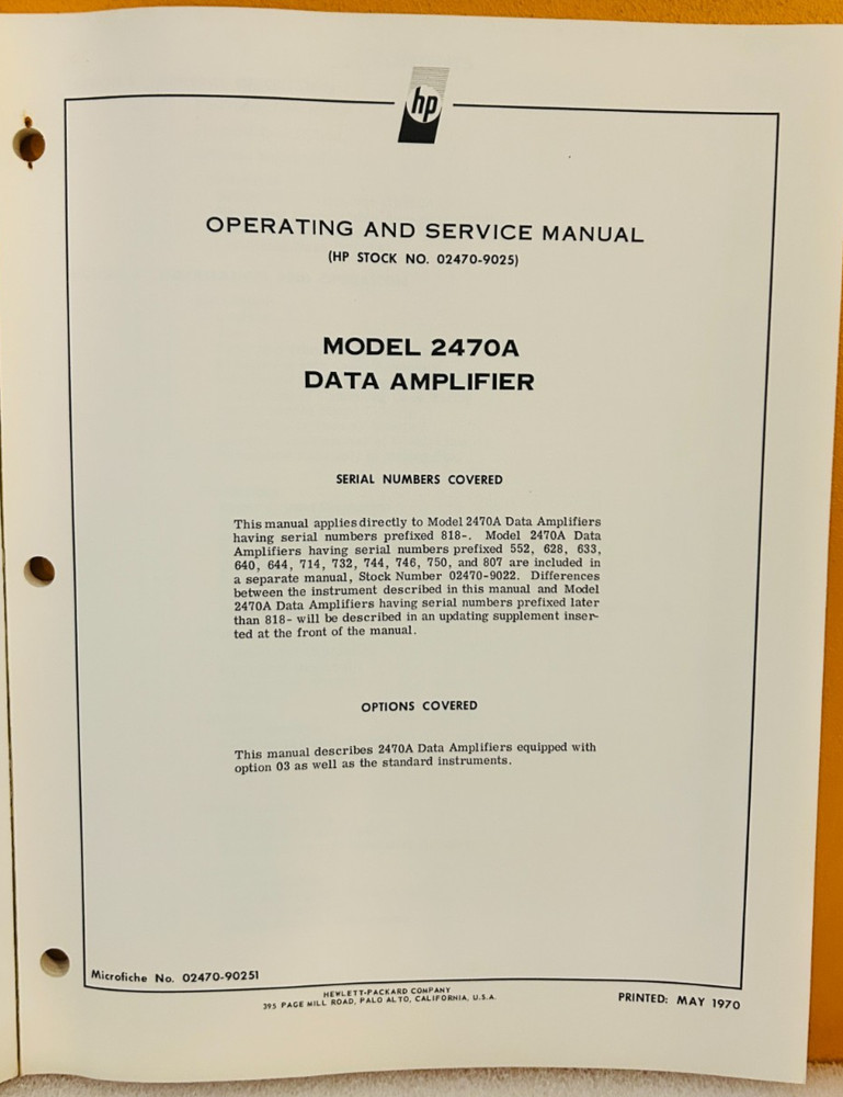 HP 02470-90251 1970 Model 2470A Data Amplifier Operating & Service Manual.