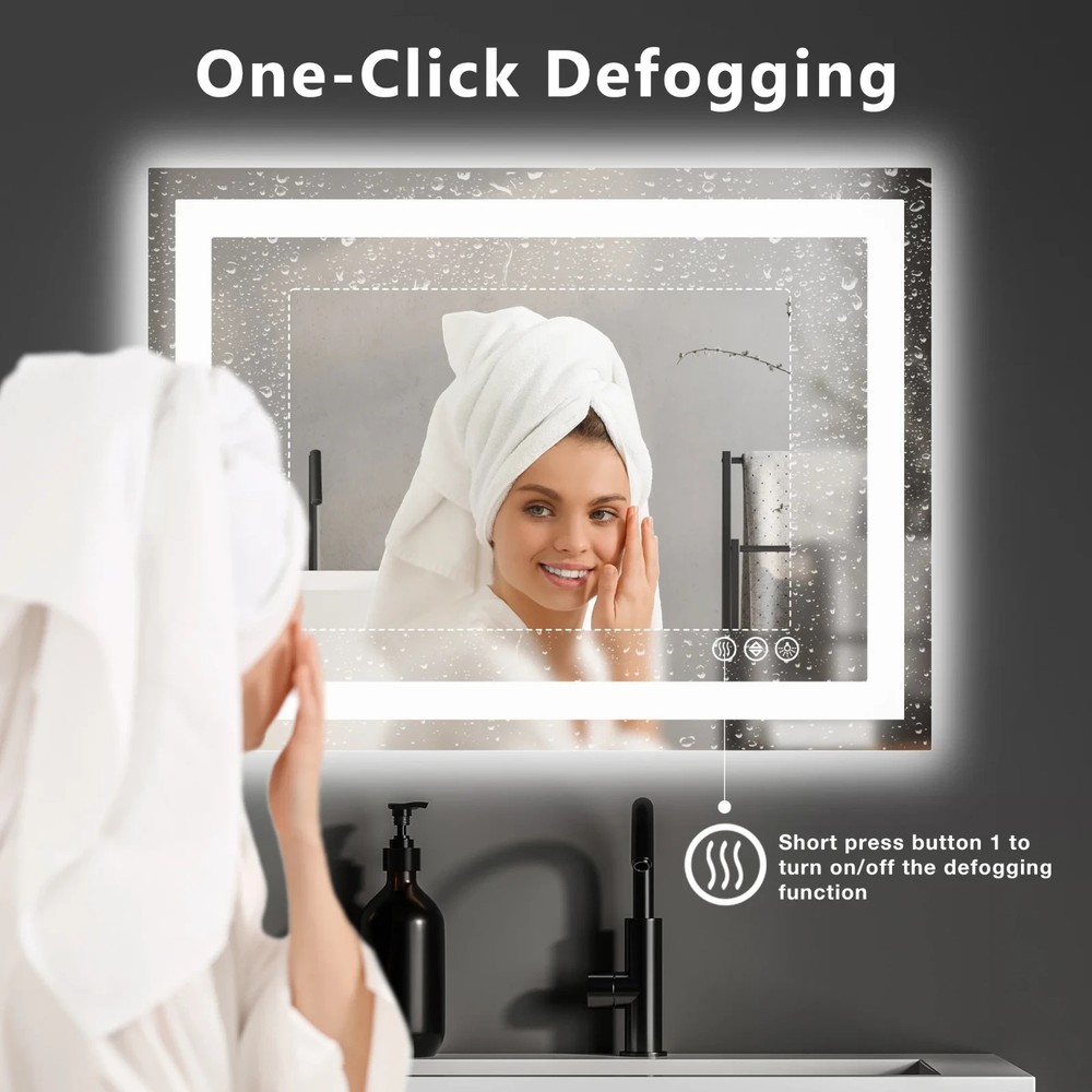 LED Bathroom Mirror Anti-Fog Backlit Memory Function Tempered Glass Waterproof