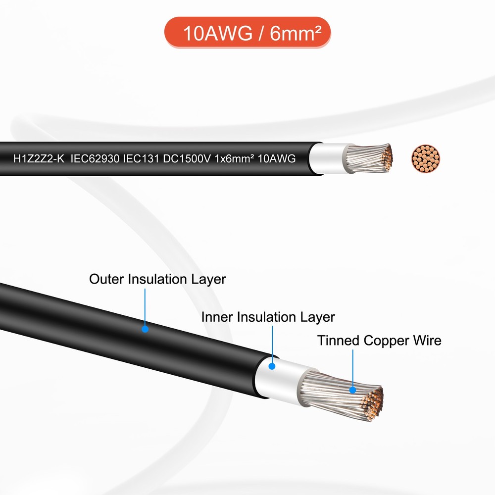 Solar Panel Wire 328ft 10AWG 6mm2 Solar Cable Tinned Copper Wire Black