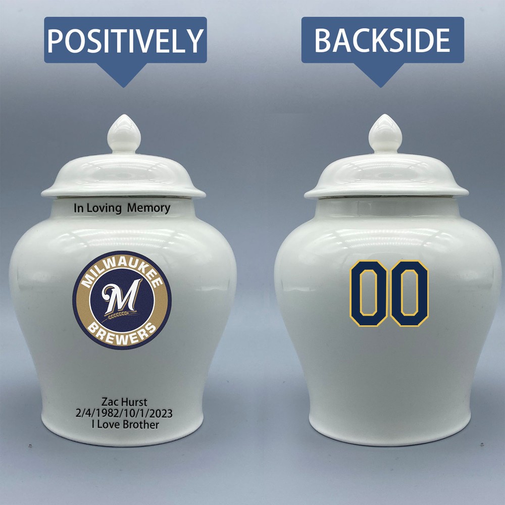 Ceramic Medium Urn for Milwaukee Brewers Baseball Theme, Custom Text & Number