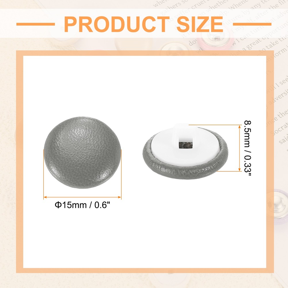10pcs PU Leather Covered Button 15mm Plastic Shank Round Button, Grey